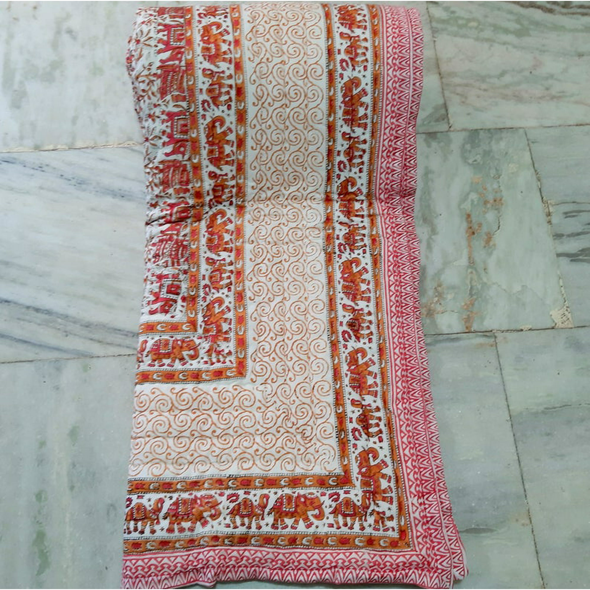 Jaipuri Razai Designer Handmade Double Bed Quilt Cotton Hand block Quilt Path Work Quilts Mughal Print Blanket Quilt Size 90x108 Inch